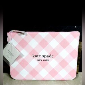 Kate Spade Cosmetics Bag Pink & White Criss Cross Strips NWT